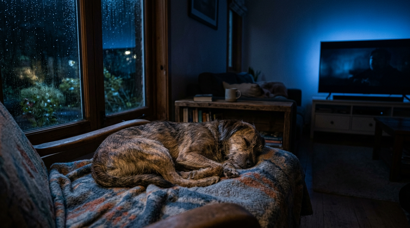 A dog asleep on a blanket in a dark room lit by a soft blue screen, with rain on the window